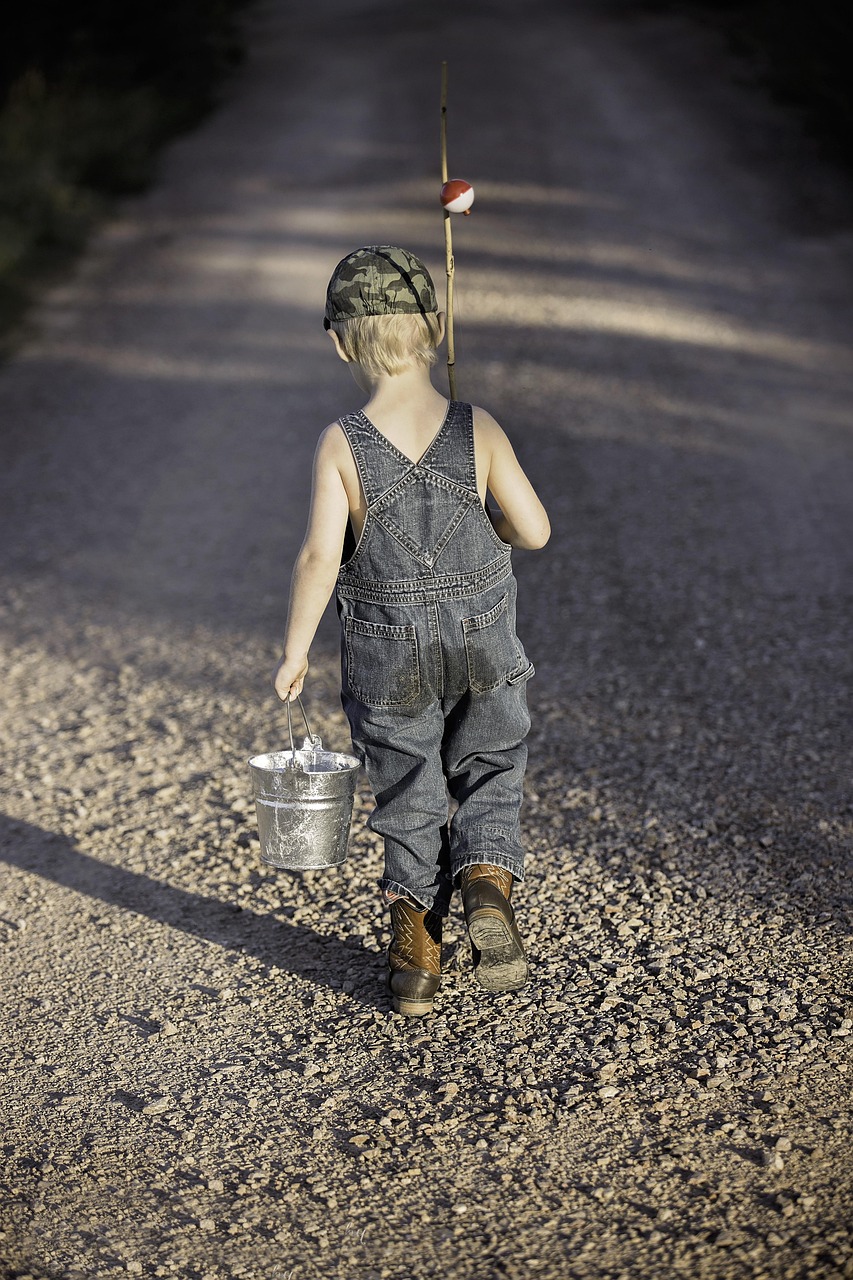 services-05 boy, child, fishing rod, bucket, fishing, fisherman, kid, young, small, childhood, walking, nature, summer, adventure, lifestyle, outdoors, back view